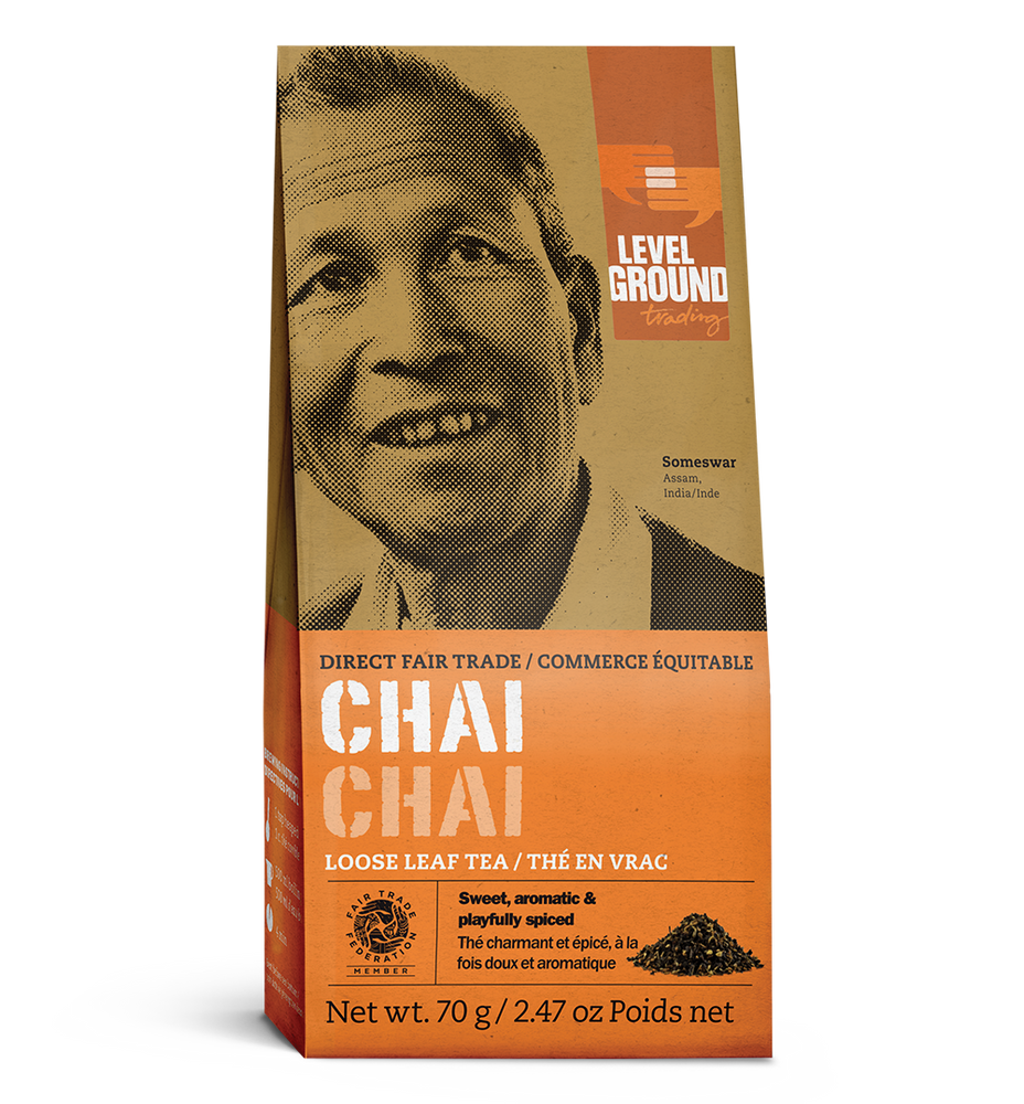 Fair trade chai tea 70 gram box, loose leaf tea package