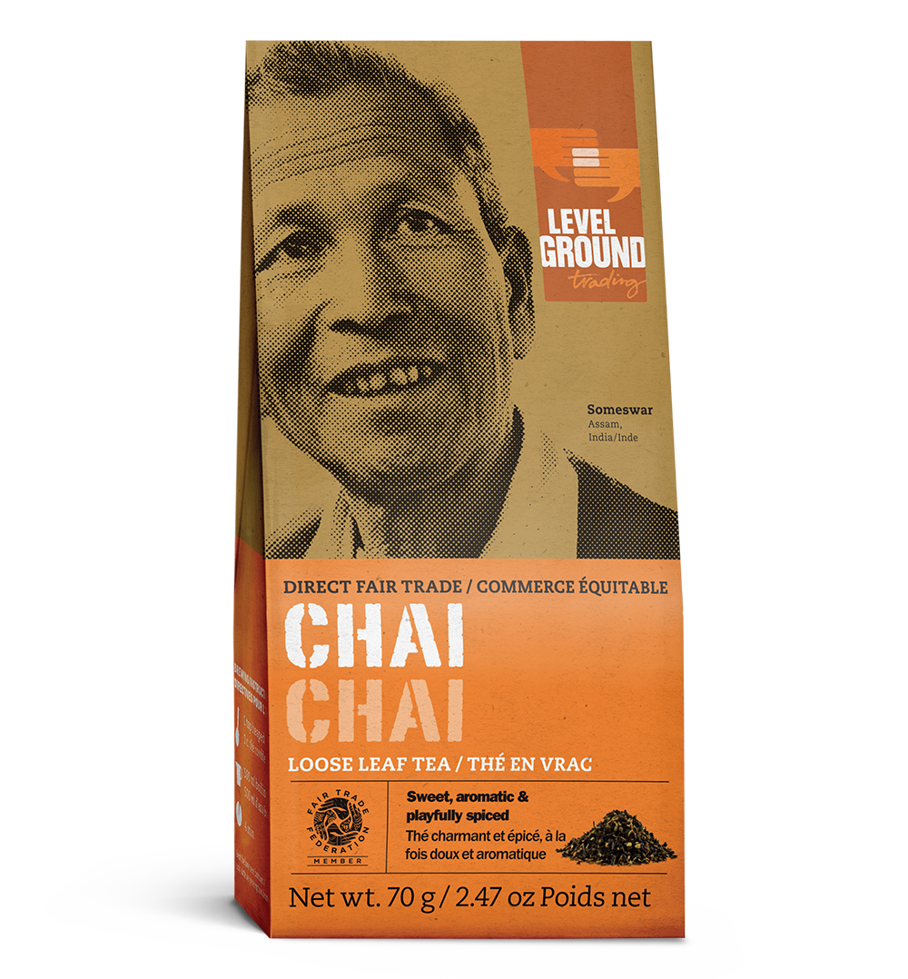 Fair trade chai tea 70 gram box, loose leaf tea package