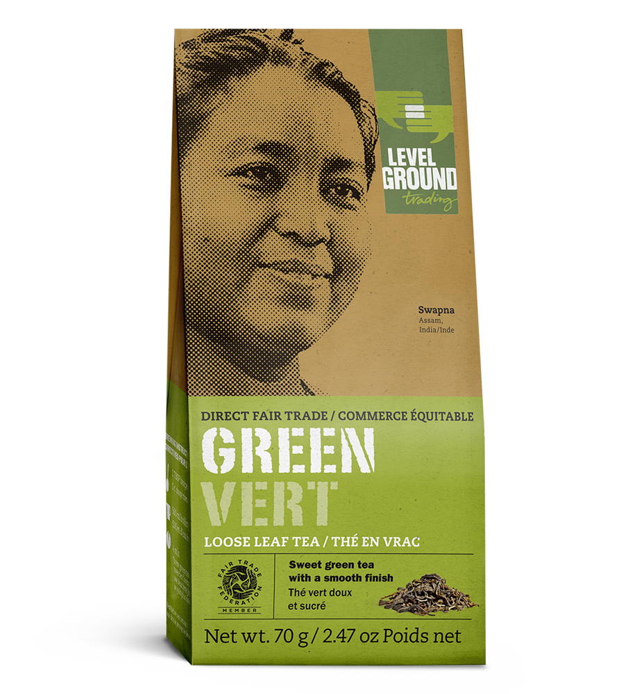 Fair trade green tea 70 gram box, loose leaf tea package
